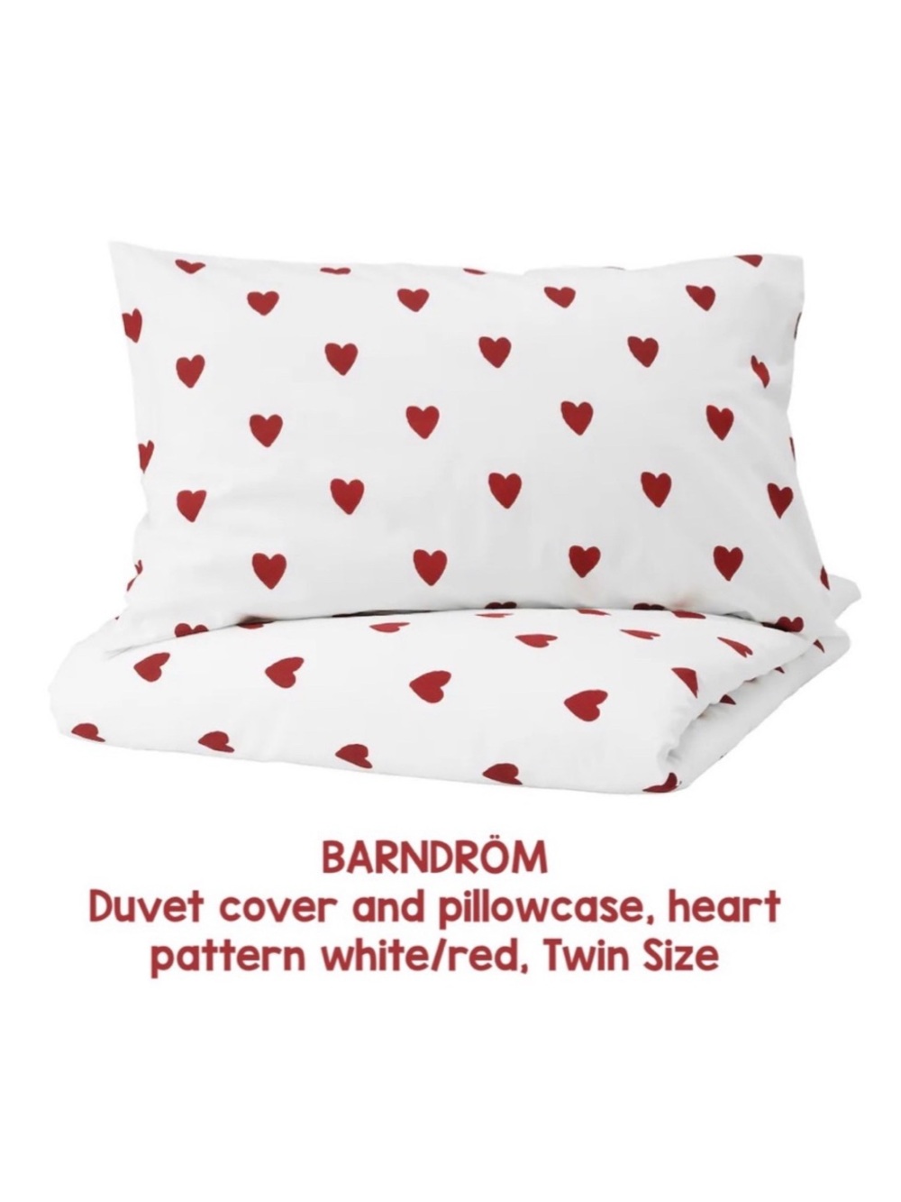 BARNDROM Duvet cover & pillowcase, heart pattern white/red, Twin